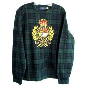 Polo Ralph Lauren Green Plaid Embroidered Shield Sweatshirt Size Medium EUC